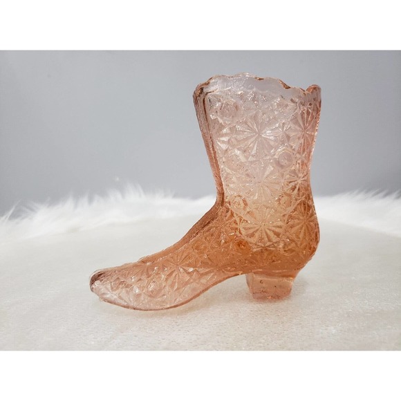 Fenton Other - Vintage Pink Glass Daisy & Button Boot Shoe Taiwan Vanity Decor Makeup Brush